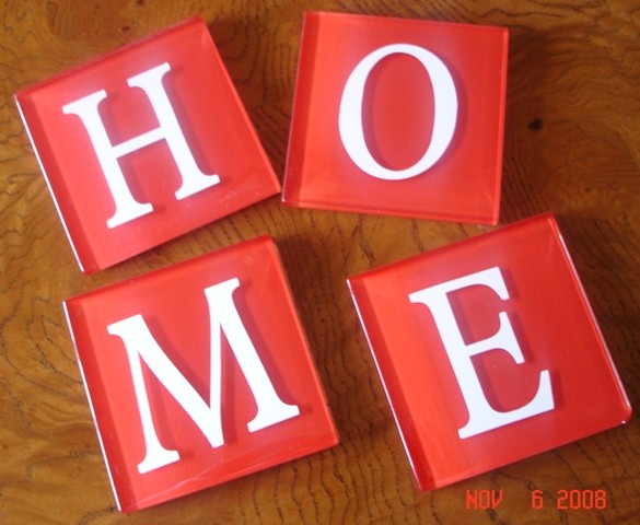 "H-O-M-E" Red Vanitian Glass Tile Coasters