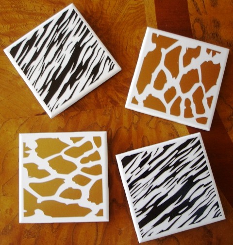 "Safari"  Zebra and Girraffe White Tile Coasters